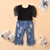 2pcs Puff Lace Short Sleeve Blouse Crop Tops + Pearls Holes Denim Long Pants Toddler Kids Baby Clothing (Black, 4-5 Years) view 2