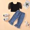 2pcs Puff Lace Short Sleeve Blouse Crop Tops + Pearls Holes Denim Long Pants Toddler Kids Baby Clothing (Black, 4-5 Years) view 3