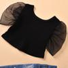 2pcs Puff Lace Short Sleeve Blouse Crop Tops + Pearls Holes Denim Long Pants Toddler Kids Baby Clothing (Black, 4-5 Years) view 4