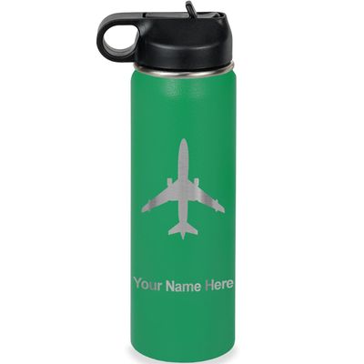 LaserGram Personalized Water Bottle, Jet Airplane, Stainless Steel Double Wall Vacuum Insulated with Flip Top Straw, Custom Engraved Gift (20oz / 590ml Green)