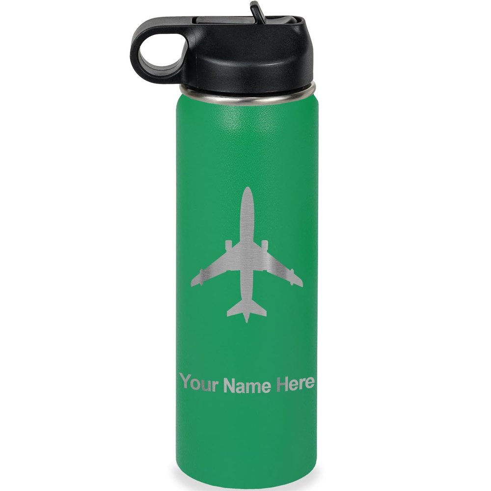 LaserGram Personalized Water Bottle, Jet Airplane, Stainless Steel Double Wall Vacuum Insulated with Flip Top Straw, Custom Engraved Gift (20oz / 590ml Green)