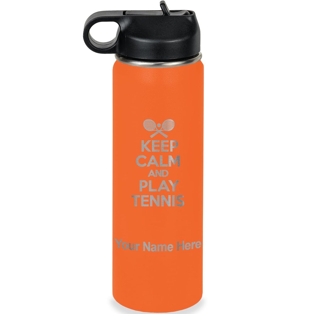 LaserGram Personalized Water Bottle, Keep Calm and Play Tennis, Stainless Steel Double Wall Vacuum Insulated with Flip Top Straw, Custom Engraved Gift (20oz / 590ml Orange)