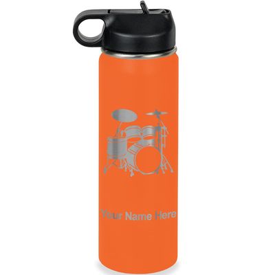 LaserGram Personalized Water Bottle, Drum Set, Stainless Steel Double Wall Vacuum Insulated with Flip Top Straw, Custom Engraved Gift (20oz / 590ml Orange)