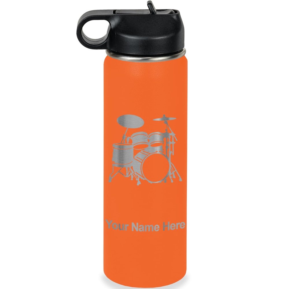 LaserGram Personalized Water Bottle, Drum Set, Stainless Steel Double Wall Vacuum Insulated with Flip Top Straw, Custom Engraved Gift (20oz / 590ml Orange)