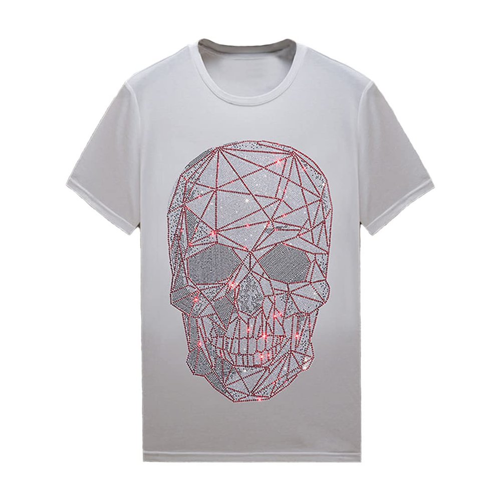 HZCX FASHION Mens Womens Sparkly T Shirt Rhinestone Short Sleeve Rock Festival Bling Gemstone Tshirt Cotton Graphic Tees(Skull White,M)