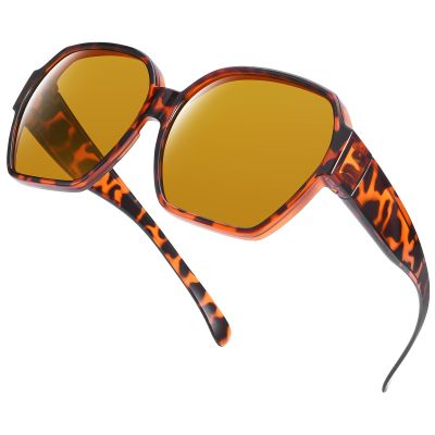 Br'Guras Polarized Oversized Fit Over Glasses Sunglasses for Women and Men Wear Over Glasses(Amber Leopard-Brown/Non-mirrored-A10)