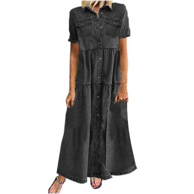 2025 Fashion Casual Dress for Women's Vintage Short Sleeve Jean Shirt Long Dresses Button Up Shift Denim Maxi Dress