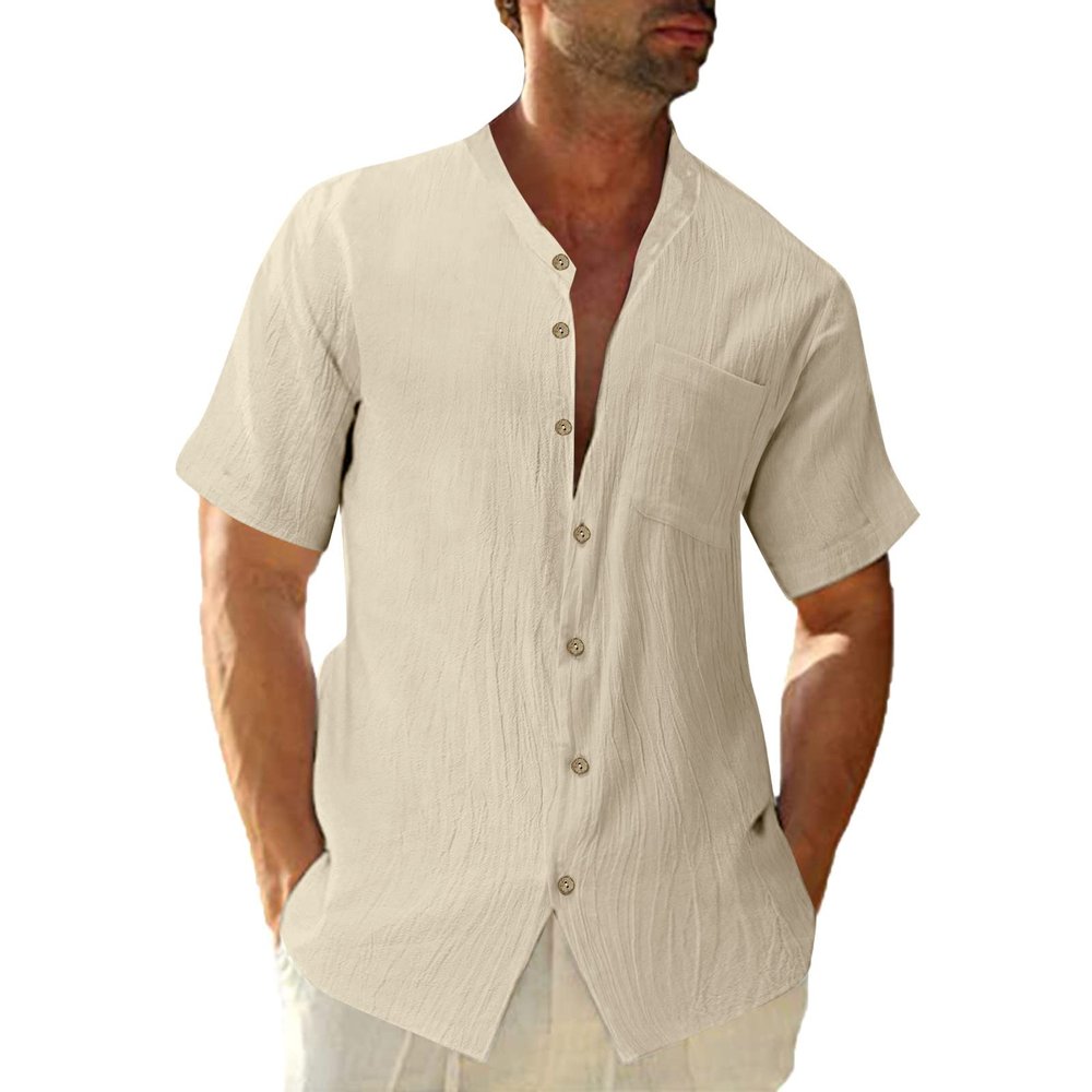 Mens Short Sleeve Button Down Shirts Cotton Linen Summer Regular Fit Loose Work Shirt Casual Cuban Beach Top with Pocket Beige