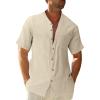 Mens Short Sleeve Button Down Shirts Cotton Linen Summer Regular Fit Loose Work Shirt Casual Cuban Beach Top with Pocket Beige view 1