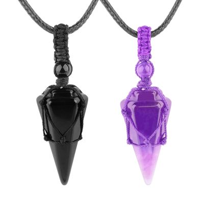 VIKCAUX 2 Pieces Crystal Necklaces for Couples Black Obsidian & Amethyst Point Pendant with Adjustable Rope Reiki Healing Crystal Stone Matching Necklace for Him and Her