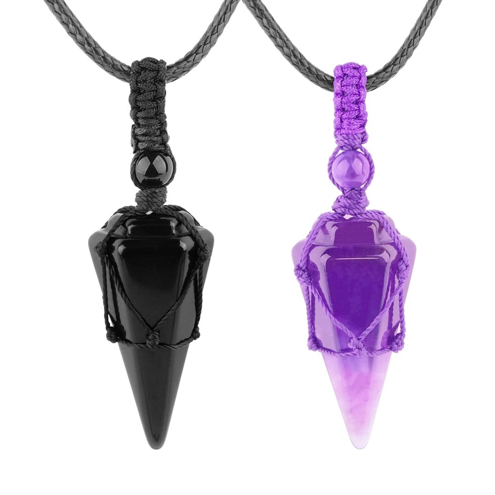 VIKCAUX 2 Pieces Crystal Necklaces for Couples Black Obsidian & Amethyst Point Pendant with Adjustable Rope Reiki Healing Crystal Stone Matching Necklace for Him and Her