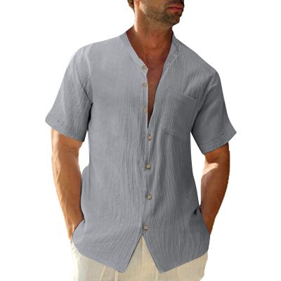 Mens Short Sleeve Button Down Shirts Cotton Linen Summer Regular Fit Loose Work Shirt Casual Cuban Beach Top with Pocket Gray