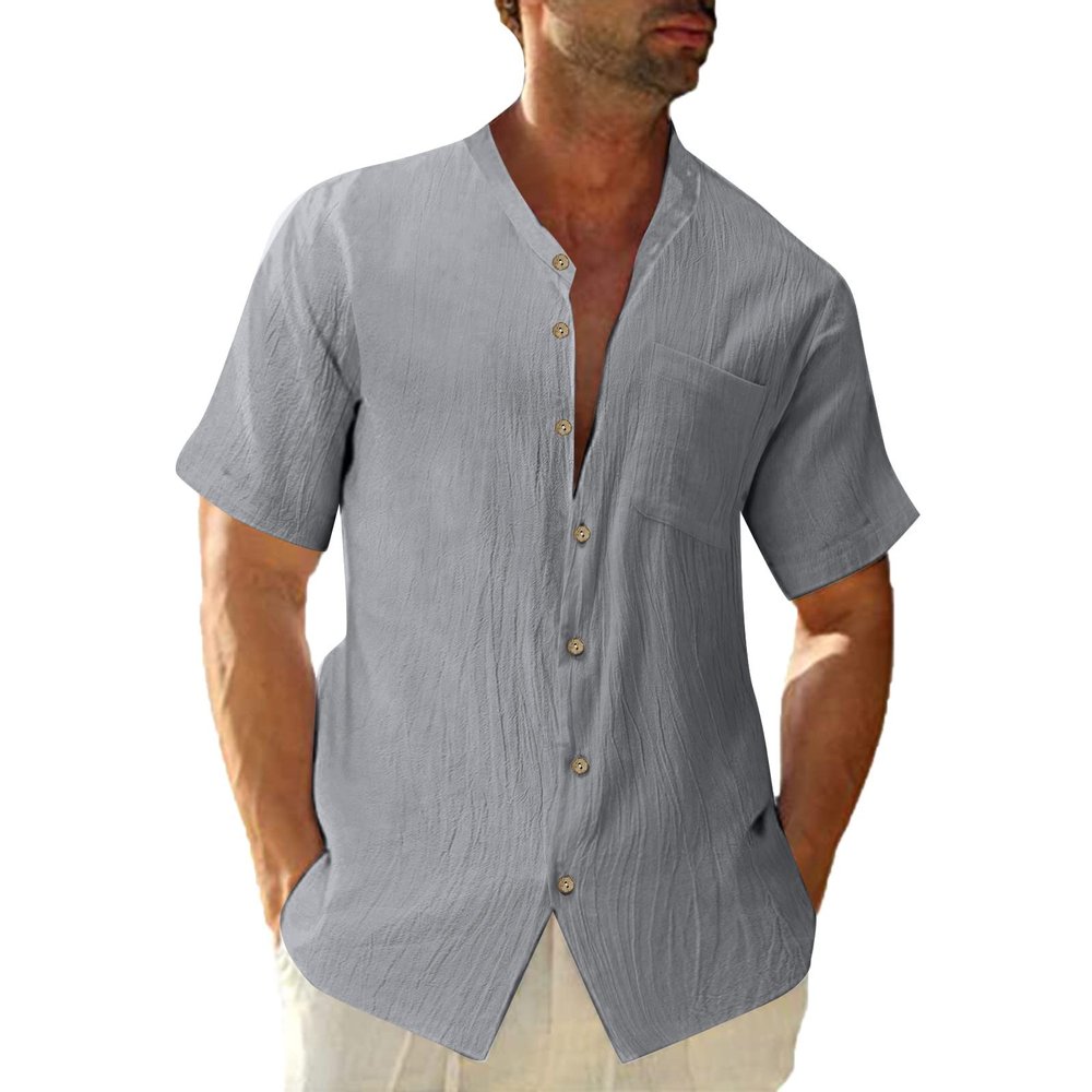 Mens Short Sleeve Button Down Shirts Cotton Linen Summer Regular Fit Loose Work Shirt Casual Cuban Beach Top with Pocket Gray