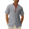 Mens Short Sleeve Button Down Shirts Cotton Linen Summer Regular Fit Loose Work Shirt Casual Cuban Beach Top with Pocket Gray view 1
