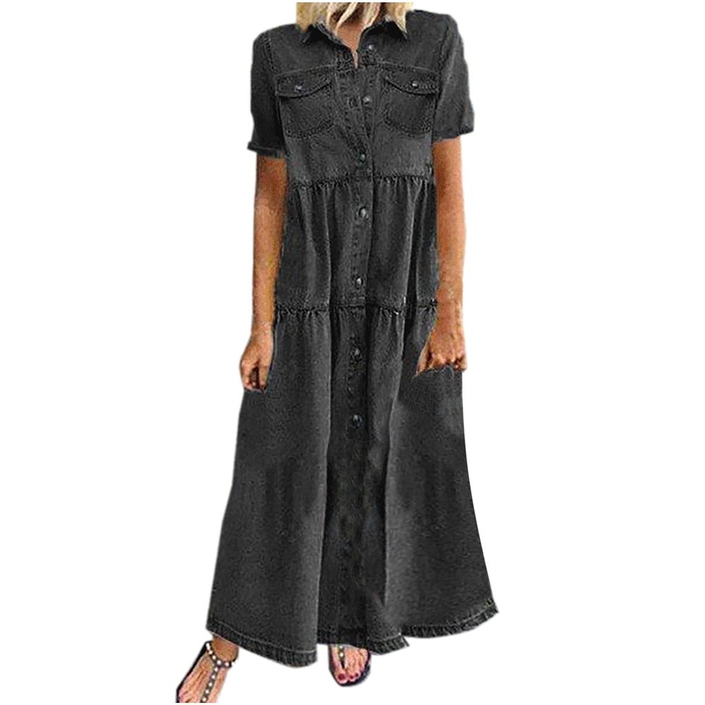 2025 Fashion Casual Dress for Women's Vintage Short Sleeve Jean Shirt Long Dresses Button Up Shift Denim Maxi Dress