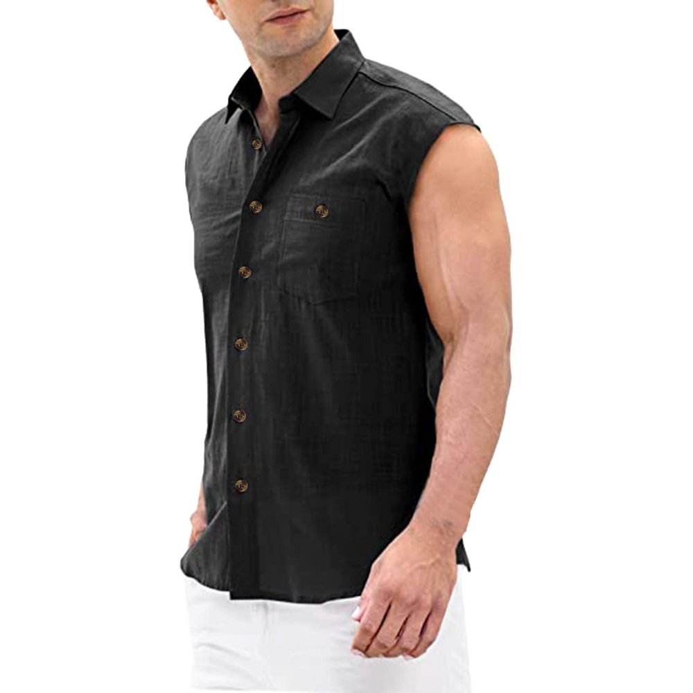 Mens Sleeveless Shirts Linen Cotton Casual Button Down Collar Muscle T-Shirts Regular Fit Cut Off Solid Tees Tops Pocket Black