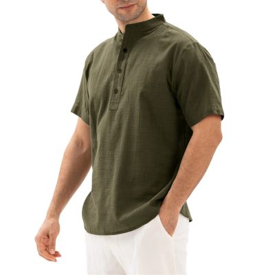 QWENTMTNTY Mens Summer Cotton Linen Shirt Short Sleeve V Neck Button Up Henleys Casual T Shirts Fashion Desinger Beach Wear Army Green
