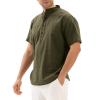 QWENTMTNTY Mens Summer Cotton Linen Shirt Short Sleeve V Neck Button Up Henleys Casual T Shirts Fashion Desinger Beach Wear Army Green view 1