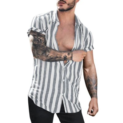 Men's Classic Striped Beach Shirts Cotton Linen Casual Button Down Short Seeve Tops Trendy 2022 Loose Holiday T-Shirts Gray