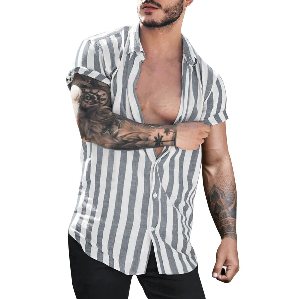 Men's Classic Striped Beach Shirts Cotton Linen Casual Button Down Short Seeve Tops Trendy 2022 Loose Holiday T-Shirts Gray