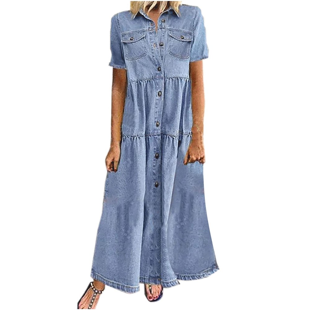 2025 Fashion Casual Dress for Women's Vintage Short Sleeve Jean Shirt Long Dresses Button Up Shift Denim Maxi Dress