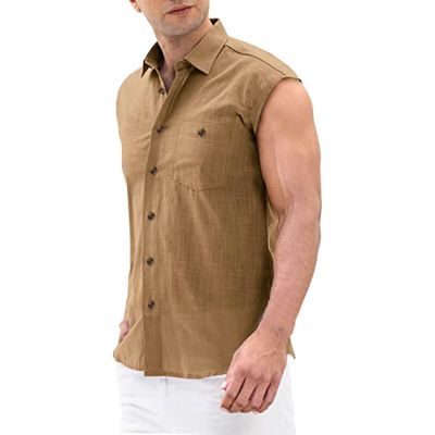 Mens Sleeveless Shirts Linen Cotton Casual Button Down Collar Muscle T-Shirts Regular Fit Cut Off Solid Tees Tops Pocket Khaki