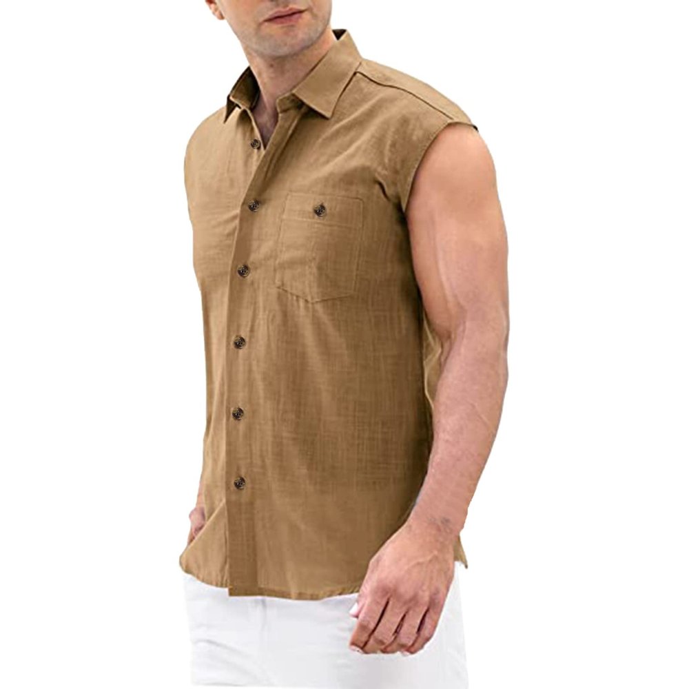 Mens Sleeveless Shirts Linen Cotton Casual Button Down Collar Muscle T-Shirts Regular Fit Cut Off Solid Tees Tops Pocket Khaki