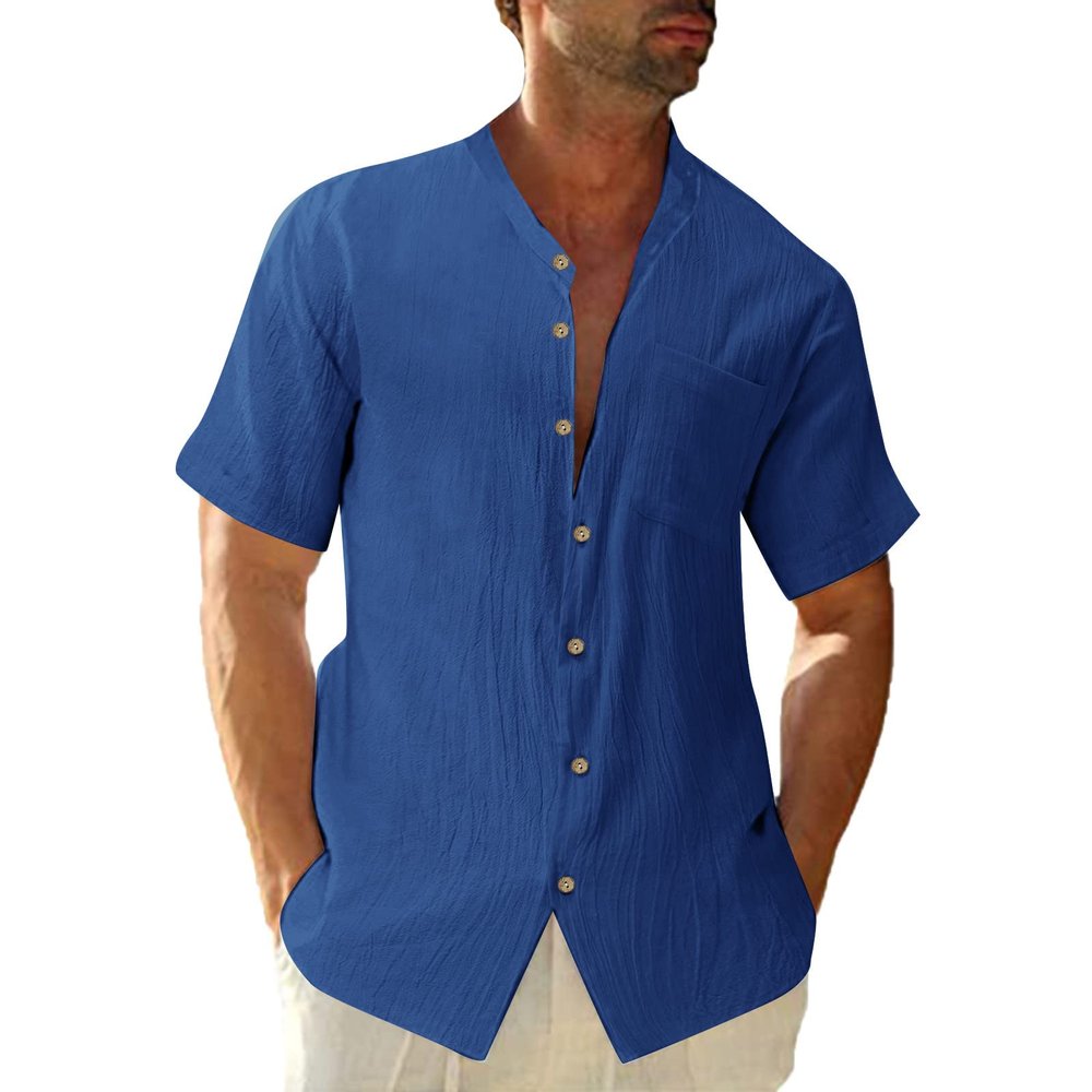 Mens Short Sleeve Button Down Shirts Cotton Linen Summer Regular Fit Loose Work Shirt Casual Cuban Beach Top with Pocket Blue