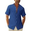 Mens Short Sleeve Button Down Shirts Cotton Linen Summer Regular Fit Loose Work Shirt Casual Cuban Beach Top with Pocket Blue view 1