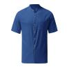 Mens Short Sleeve Button Down Shirts Cotton Linen Summer Regular Fit Loose Work Shirt Casual Cuban Beach Top with Pocket Blue view 2