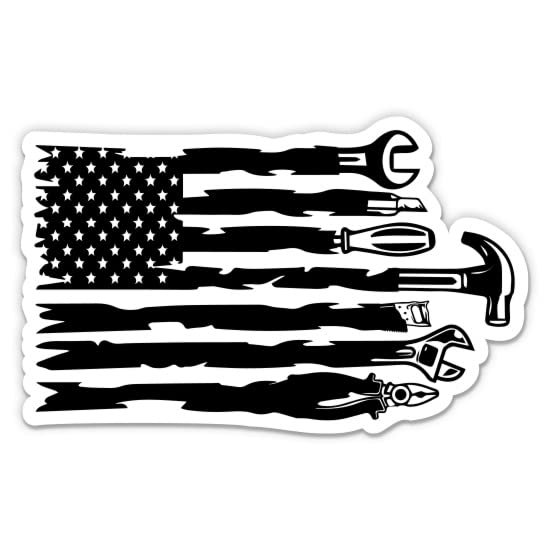 American Flag Tools Mechanic Builder Sticker - 5" Laptop Sticker - Waterproof Vinyl for Car, Phone, Water Bottle - Proud American Flag Decal