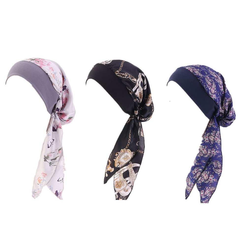 3 Pieces Pre-Tied Headwer Turbans for Muslim Women Inner Hijabs Caps Long Headscarf Beanies Chemo Covers Cancer Hats