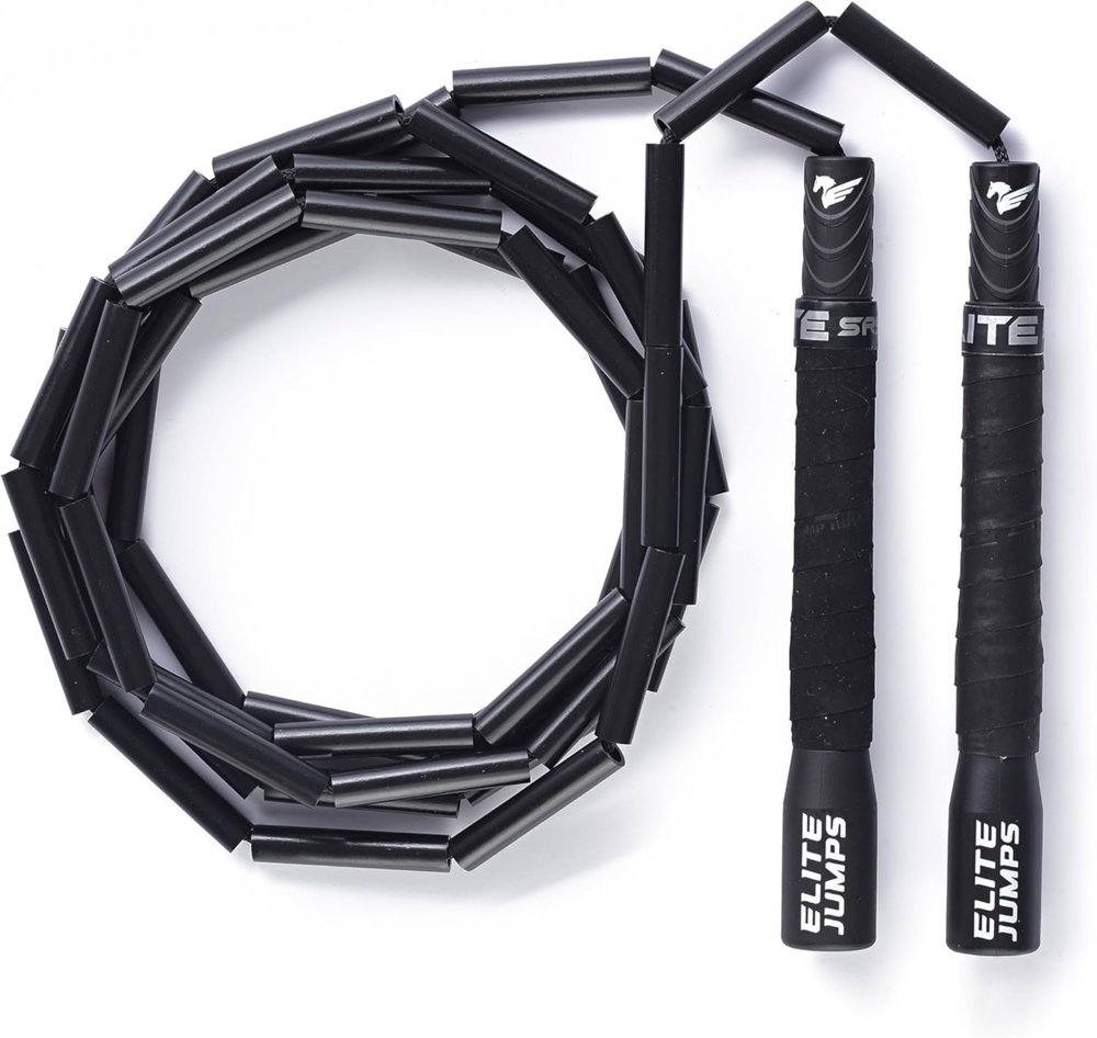 EliteSRS Heavy Beaded Jump Rope for Fitness - Unbreakable Long Handles & Shatterproof Beads - Adjustable Weighted Skipping Rope for Adults - Black