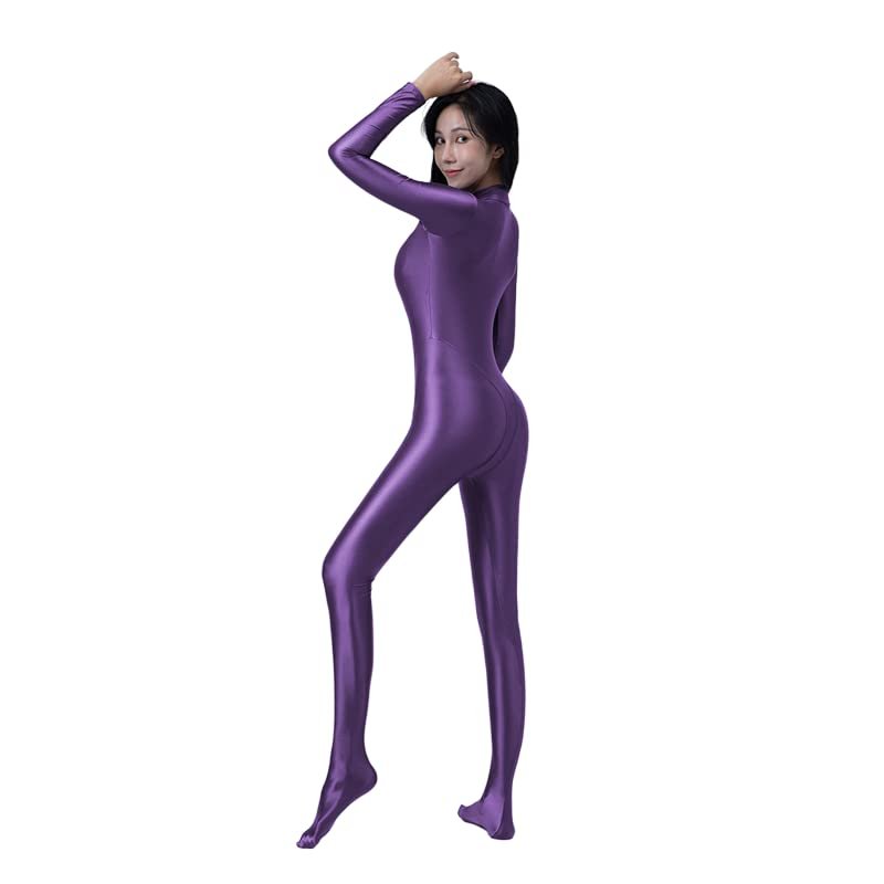 HIMEALAVO Sexy Oil Tights Shiny Smooth One Piece Swimsuit Sports Cycling Wear Yoga Suit Catsuit Bodysuit Wetsuit Plus Size Super Costume (Purple,XXL)