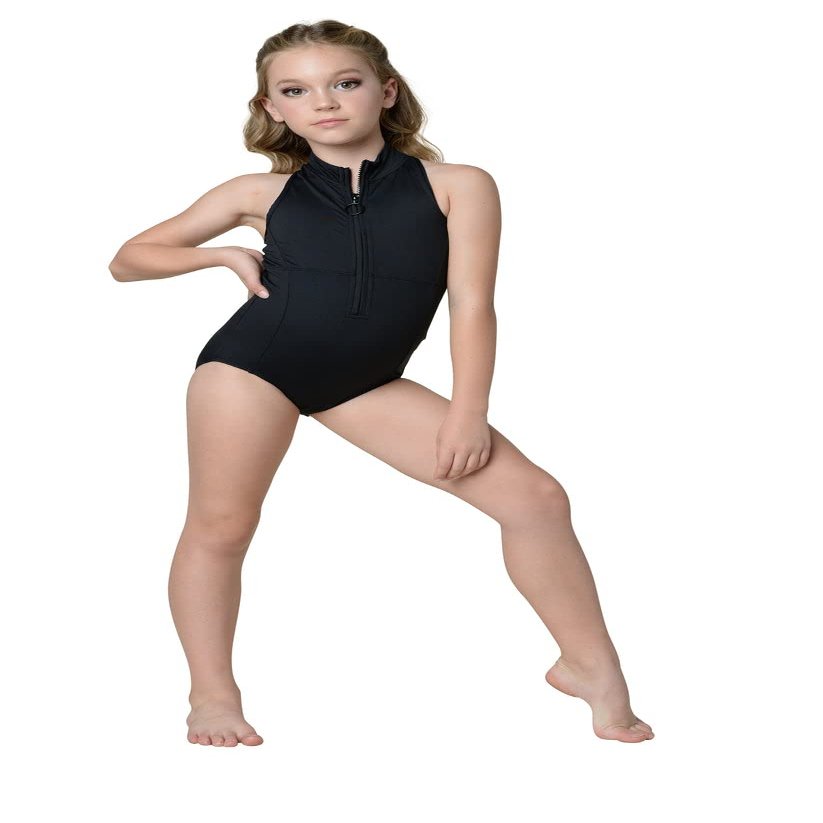 Danz N Motion Girls Racer Back Zip Front Tank Leotard 22123C (Black, 6X-7)