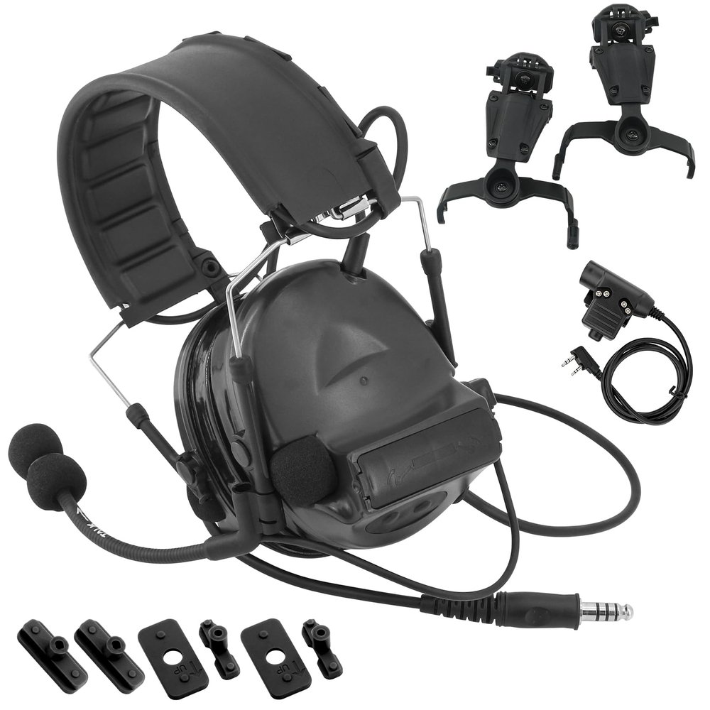 TSVISIONCORE Tactical Headset with U94 PTT Detachable headband and rail adapter,for ARC,Mlok,Team Wendy rail,Airsoft sports(Black)