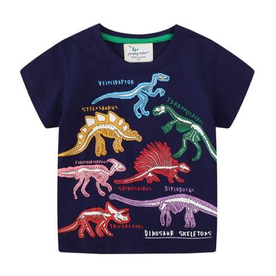 Toddler Luminous Dinosaur Tees Shirt Kids T-Shirt Crewneck Summer Tops for 2-7 Years Boys (7 Years, Dark Blue)