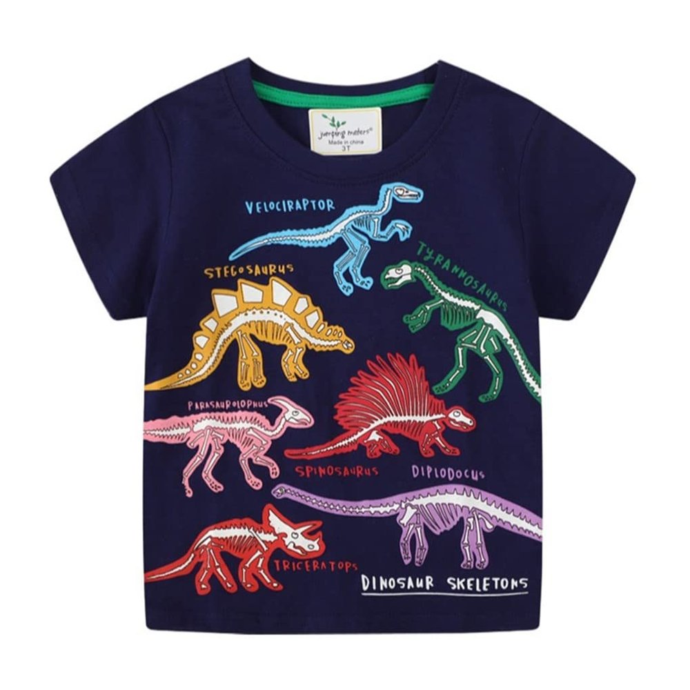 Toddler Luminous Dinosaur Tees Shirt Kids T-Shirt Crewneck Summer Tops for 2-7 Years Boys (7 Years, Dark Blue)