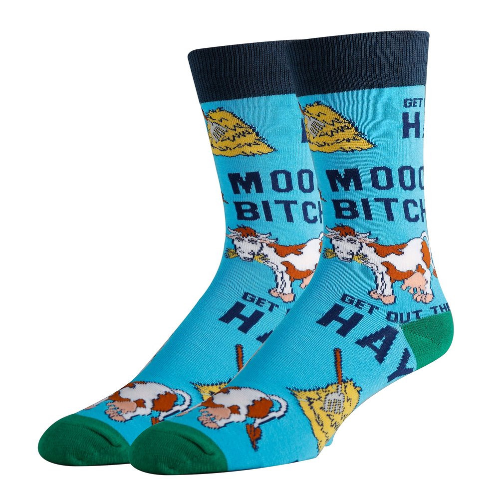 Mens Novelty Funny Animal Crew Socks, Mooo Over, Colorful Dress Cotton Socks Crazy Cool Socks 8-13