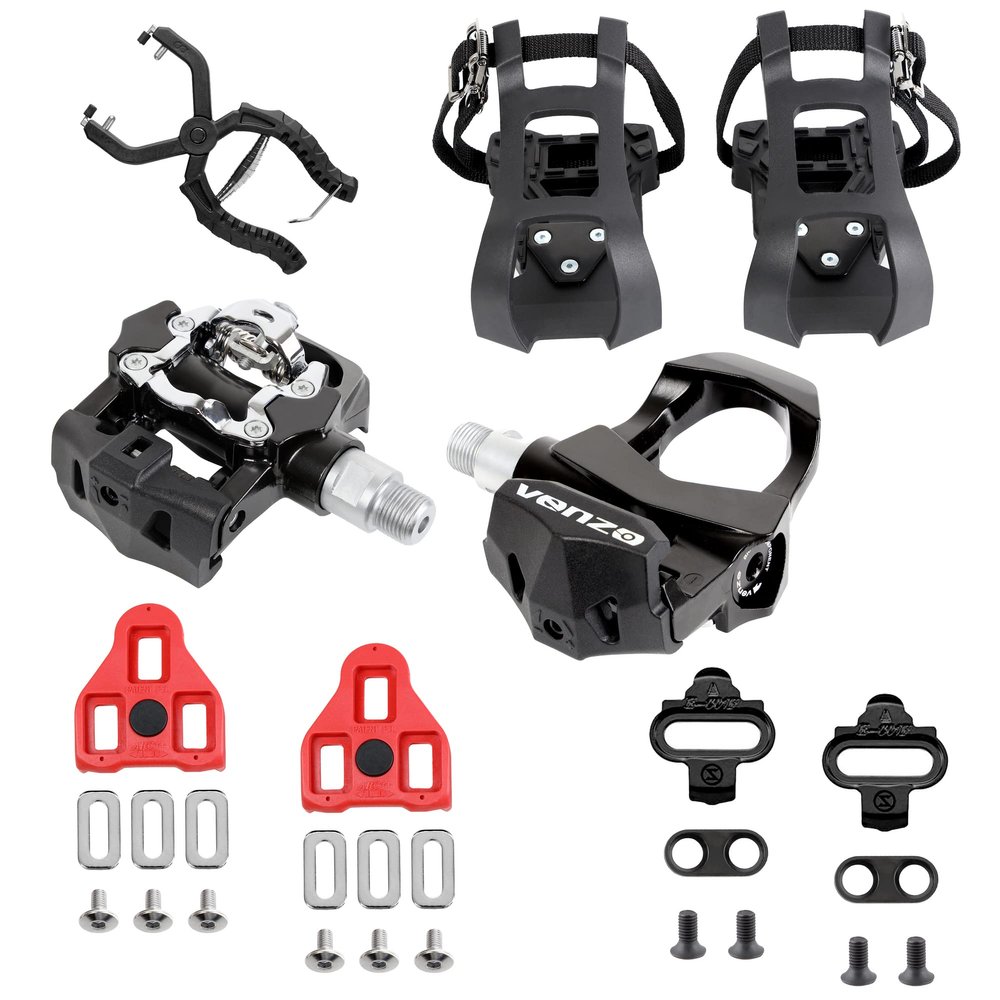 Venzo 4 in 1 Compatible with Peloton, Look Delta & Shimano SPD, Toe Cages Pedals Set with Cage Removal Tool - 9/16 Heavy Duty Sealed Bearings Spindles - for Indoor Fitness Exercise Bike Bicycle