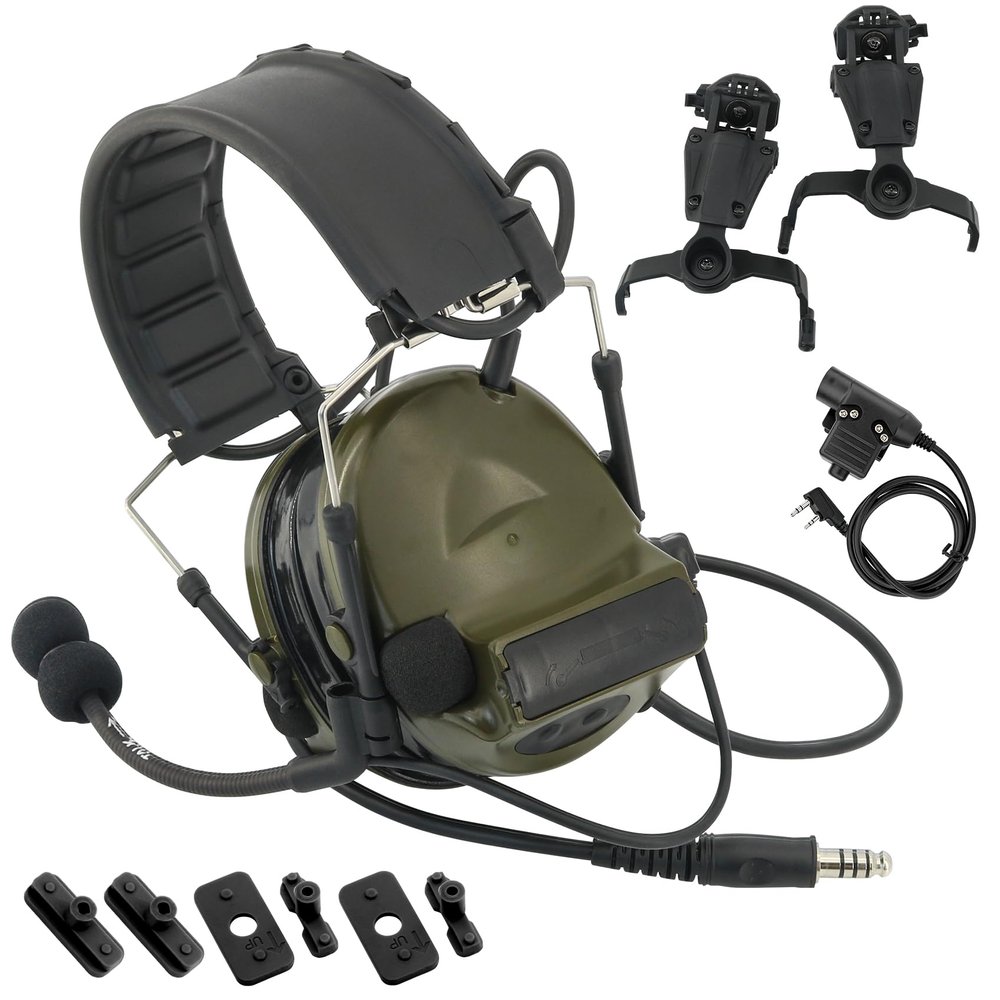 TSVISIONCORE Tactical Headset with U94 PTT Detachable headband and rail adapter,for ARC,Mlok,Team Wendy rail,Airsoft sports(Green)