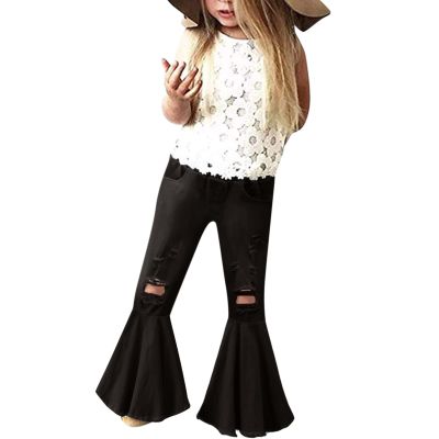 POLG Kids Toddler Little Baby Girl Ruffle Ripped Jeans Bell Bottom Flare Pants Ripped Denim Leggings Trousers