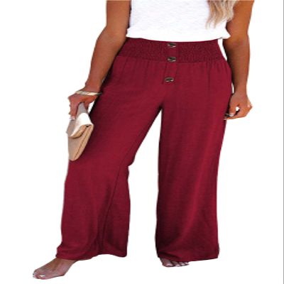 CHARTOU Women's Summer Smocked Waist Solid Loose Fit Wide-Leg Cotton Linen Palazzo Pants (Large, Wine Red)