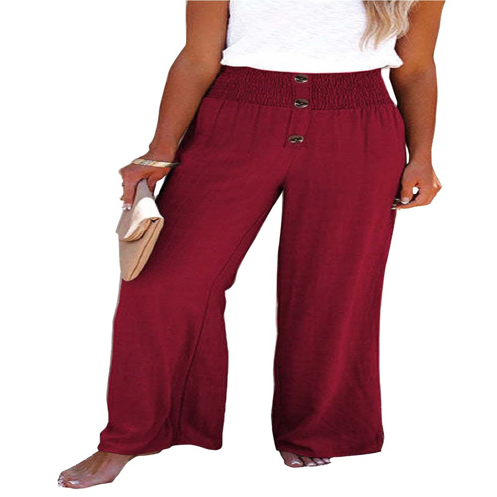 CHARTOU Women's Summer Smocked Waist Solid Loose Fit Wide-Leg Cotton Linen Palazzo Pants (Large, Wine Red)