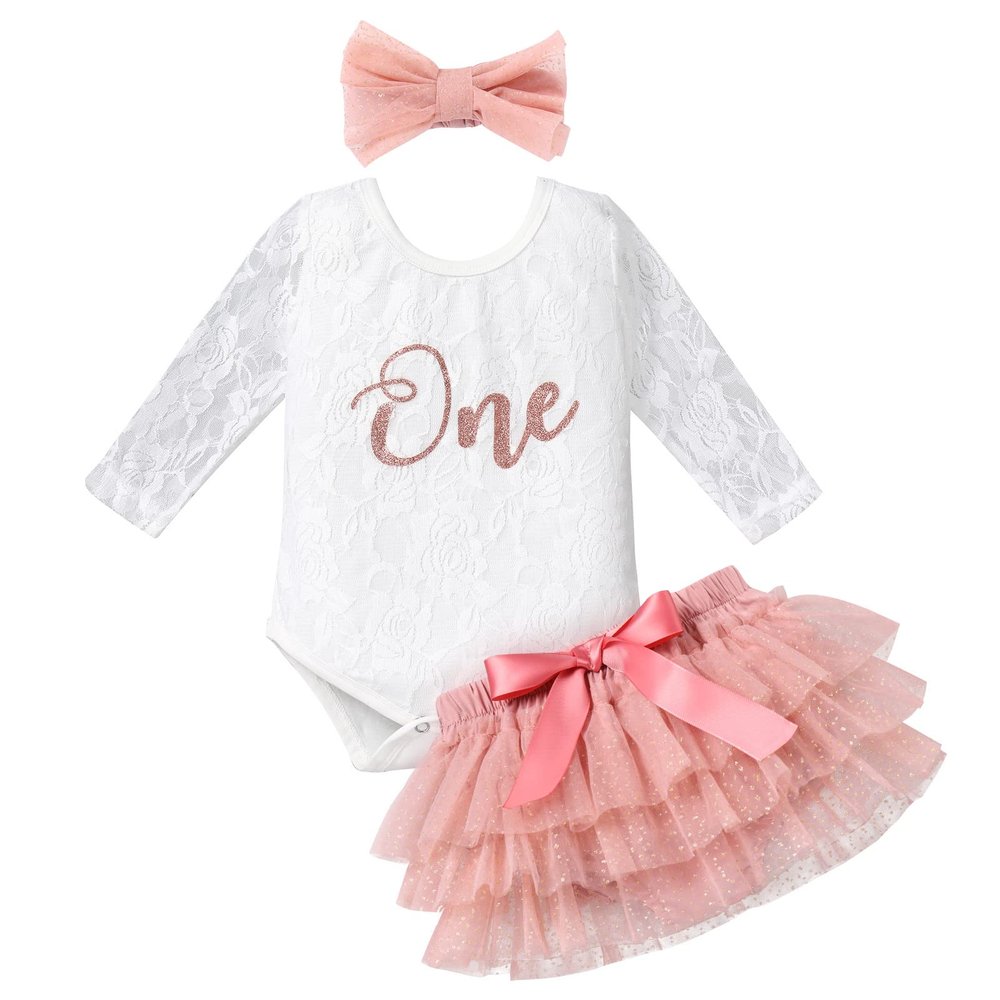 IBTOM CASTLE Baby Girls 1st Birthday Outfit Cake Smash Outfit Long Sleeve Floral Lace Romper + Tutu Skirt +Bow knot Headband Princess Dress Photo Shooting Clothes 3pcs Set Cameo 9-12 Months