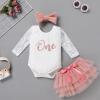 IBTOM CASTLE Baby Girls 1st Birthday Outfit Cake Smash Outfit Long Sleeve Floral Lace Romper + Tutu Skirt +Bow knot Headband Princess Dress Photo Shooting Clothes 3pcs Set Cameo 9-12 Months view 2