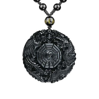 VIKCAUX Black Obsidian Necklace Natural Dragon and Phoenix Amulet Pendant with Adjustable Beaded Chain Good Luck Yin Yang Necklaces for Men Women