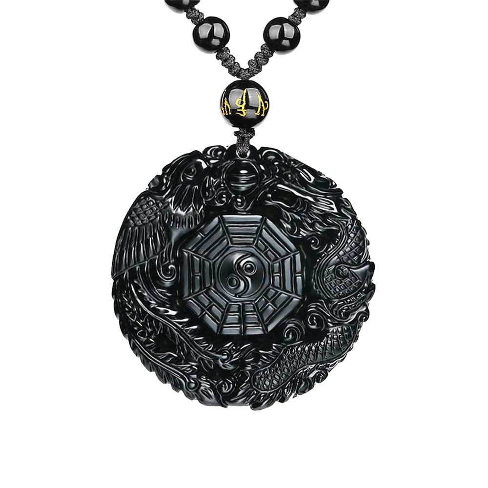 VIKCAUX Black Obsidian Necklace Natural Dragon and Phoenix Amulet Pendant with Adjustable Beaded Chain Good Luck Yin Yang Necklaces for Men Women