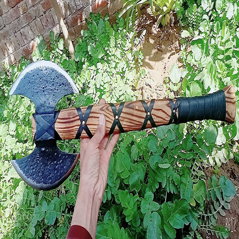 AXE013AM FS Crafts 24.00" Custom Handmade Double Blade Viking Axe Hand Forged Carbon Steel Hunting Axe Hatchet with Leather Sheath Gorgeous Wood Handle Outdoors Fishing Camping Knife