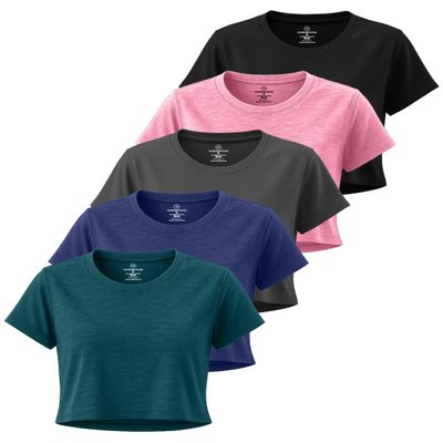 Real Essentials 5 Pack: Women's Dry-Fit Crop Top Short Sleeve Shirts Workout Gym Cropped Athletic Tee (Available in Plus)- Set 4, 3X